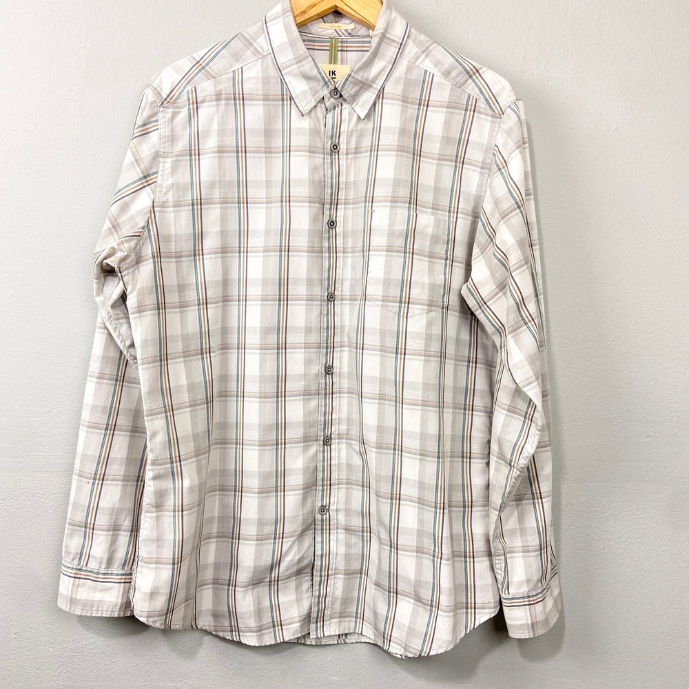 Life Khaki Shirt Size L Slim‎ Fit Beige Gray Plaid Repreve Eco Button Up Work